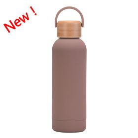 500ml Small Mouth Vacuum Cup Portable Handle Bamboo Wood Cover Water Cup Water Bottle (Option: Light Brown New Color-500ml)